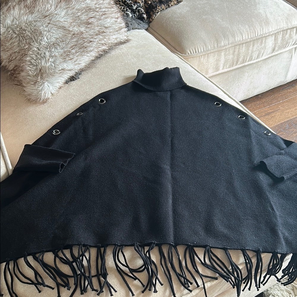 Black Fringe Women's Poncho w/Silver Grommet Detail